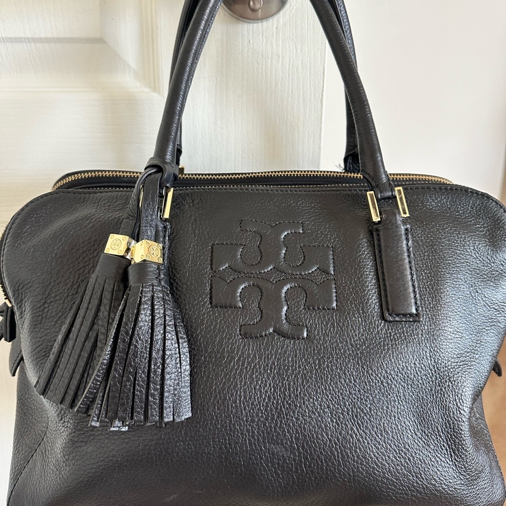Tory Burch Black Leather Triple Zip Satchel Bag with tassel, gold hardware